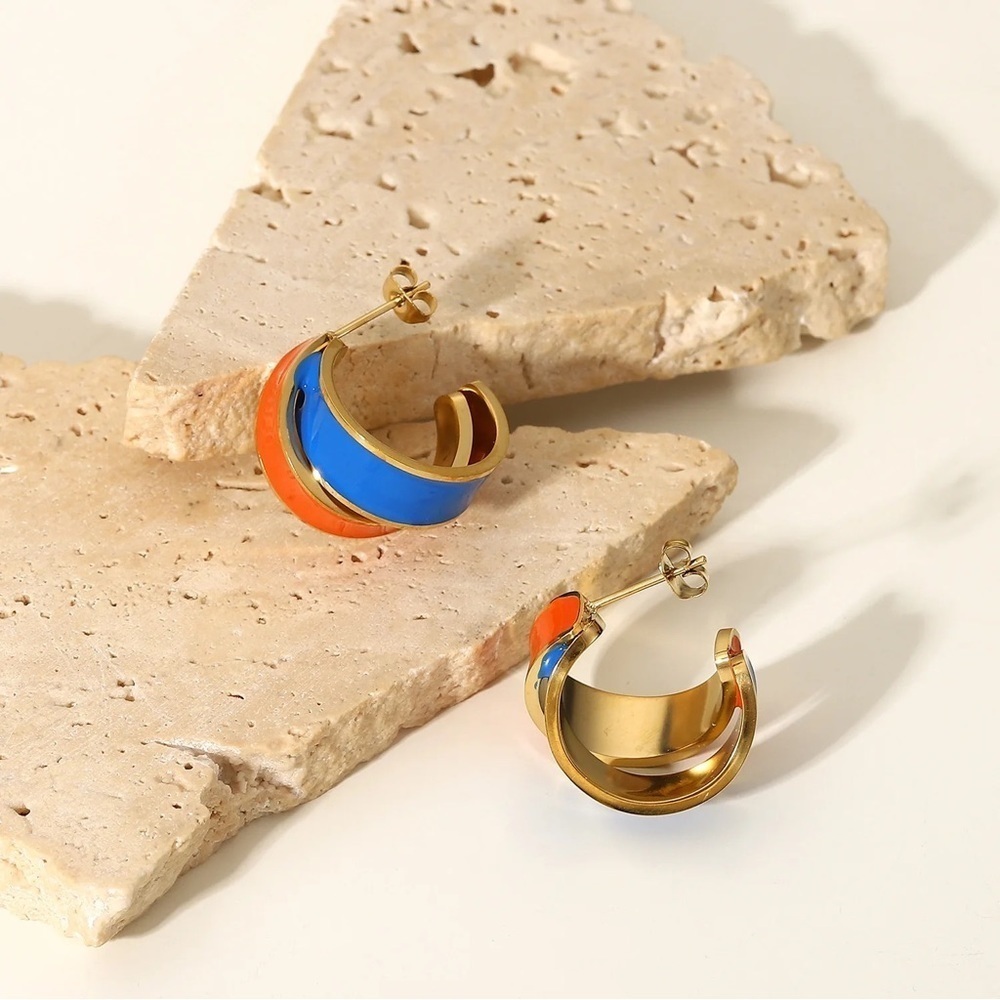 18k Gold Plated Colourful C Shape Glazed Hoop Earrings - Picture 3 of 8
